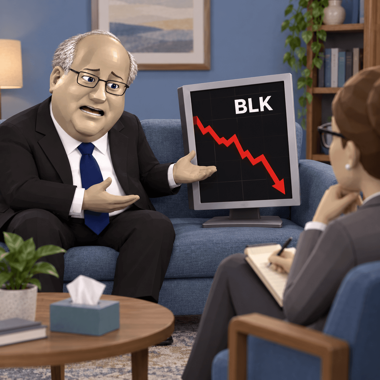 StonkFink sits on a blue couch, gesturing anxiously at a monitor showing a red BLK chart falling, while a woman across from him takes notes on a notepad