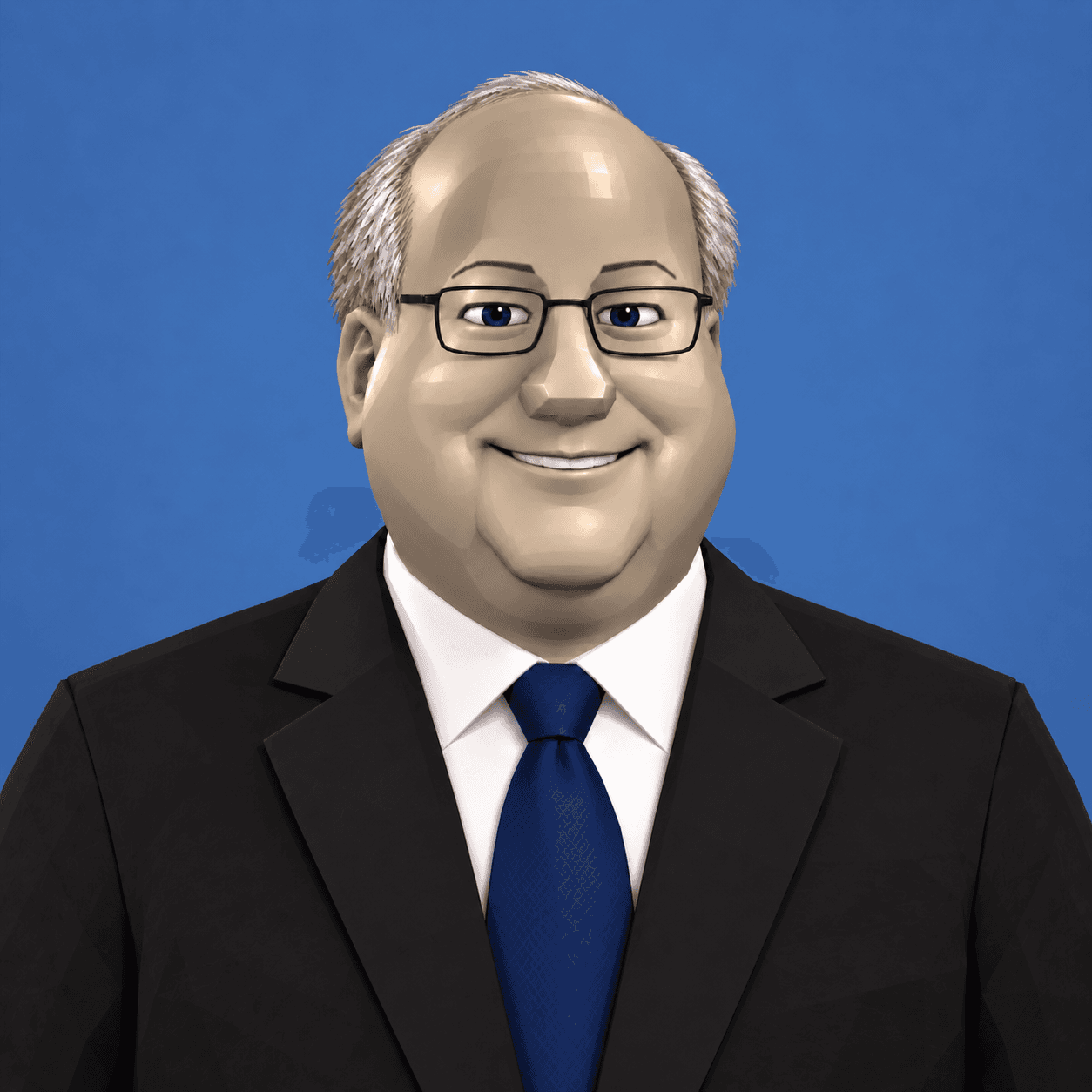 StonkFink: a smiling, low-poly cartoon executive with thinning gray hair, rectangular glasses, a black suit, white shirt and navy tie, against a slate blue backdrop