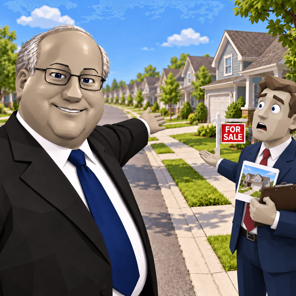 StonkFink gestures down an entire suburban street of houses while a shocked real estate agent holds a single listing beside a For Sale sign