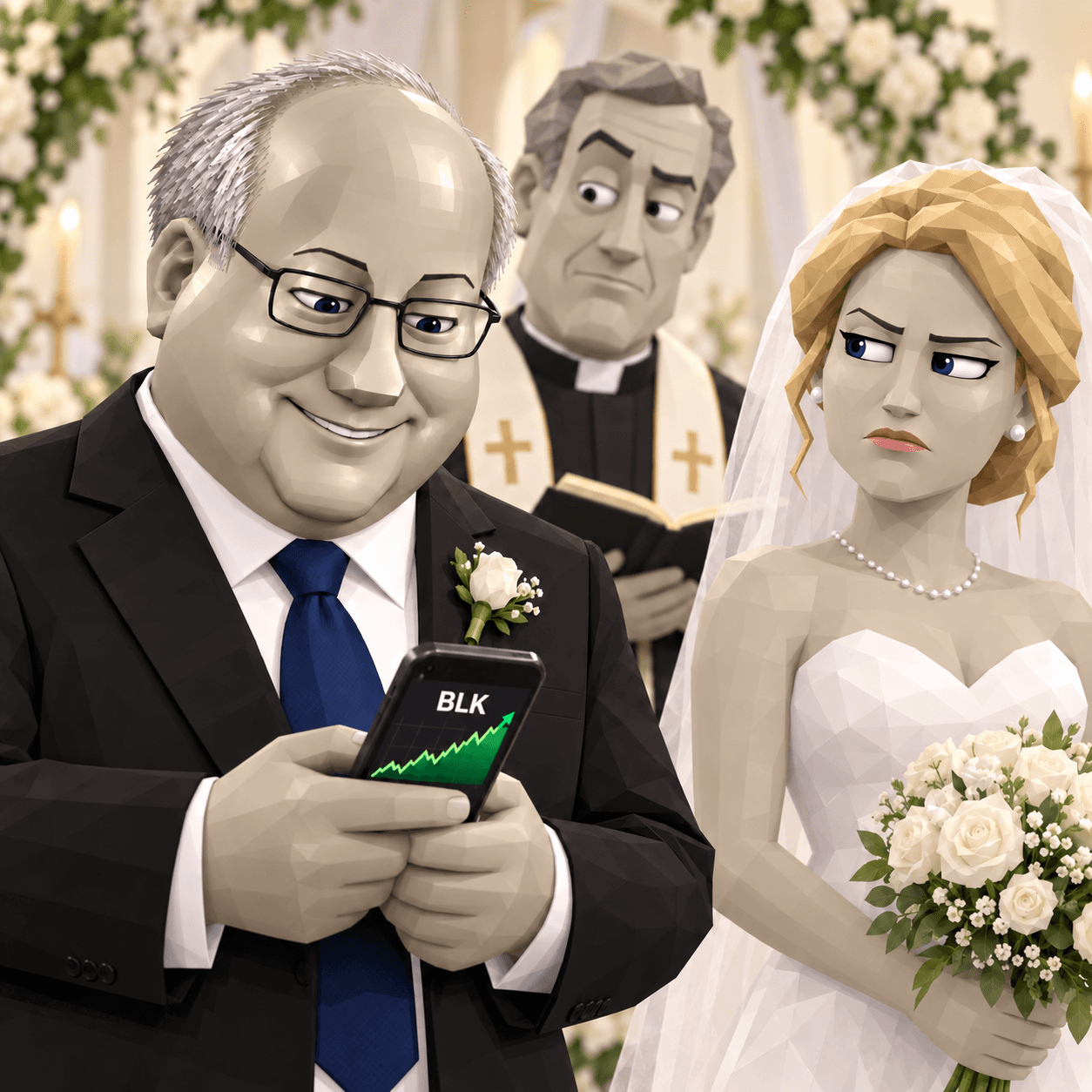 At the altar, StonkFink grins at a phone showing a rising green BLK chart while the bride and the officiant glare at him